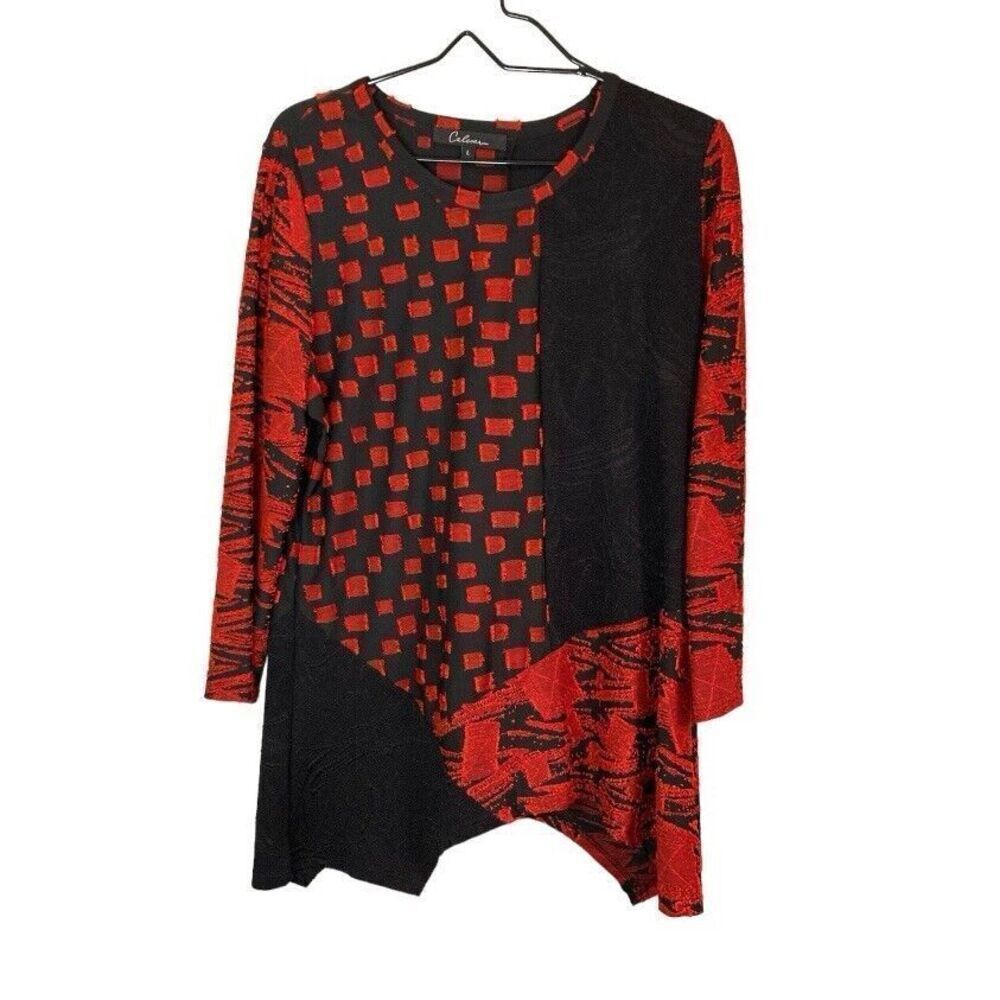 Calessa Embroidered Color Block Tunic Top Medium Black Boxy Artsy Large